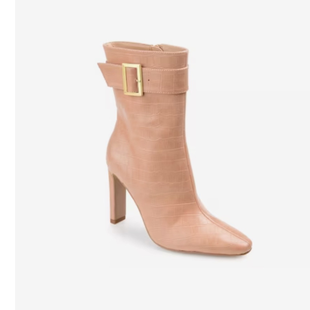 Journee Collection Tan Croc-Patterned Heeled Boots